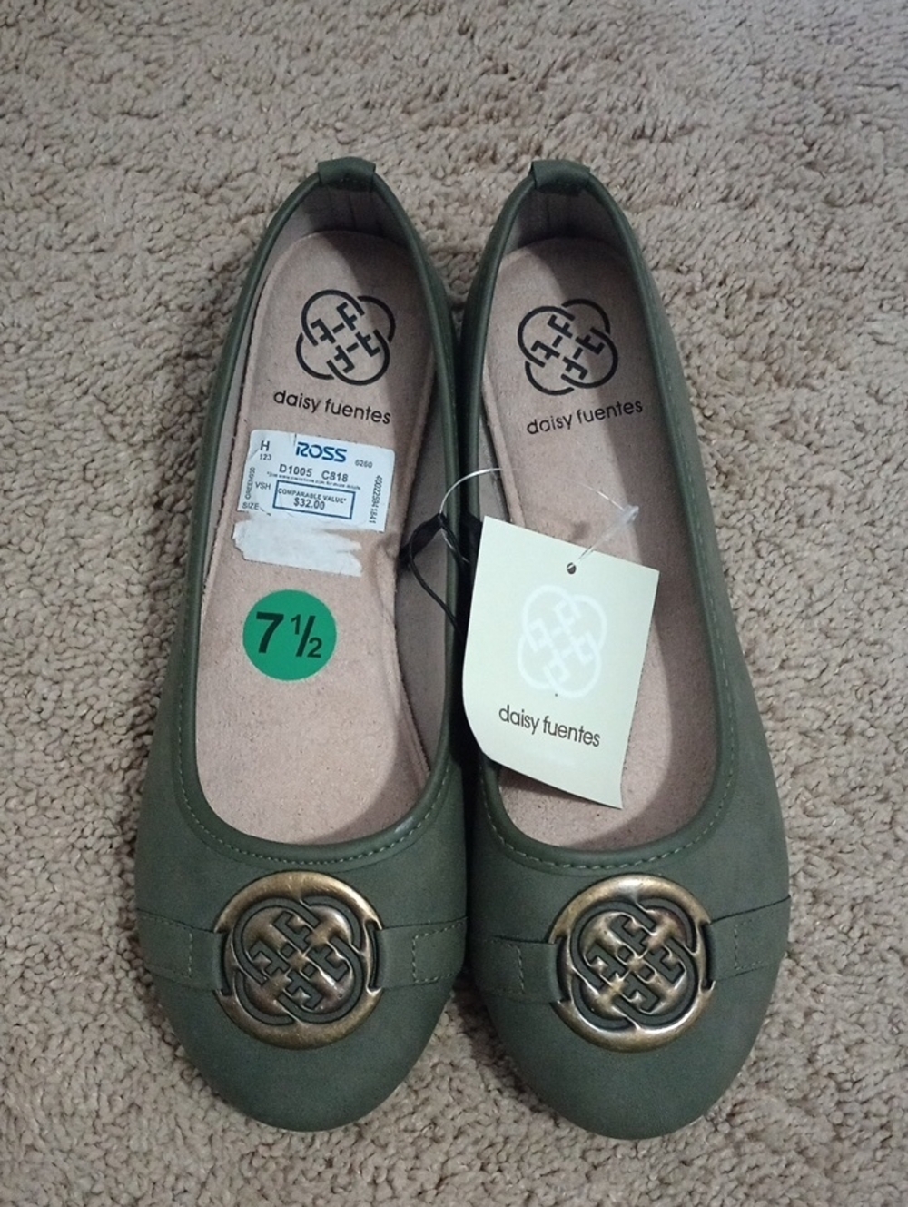 Daisy Fuentes Olive Ballet Flats with Brass Medallion